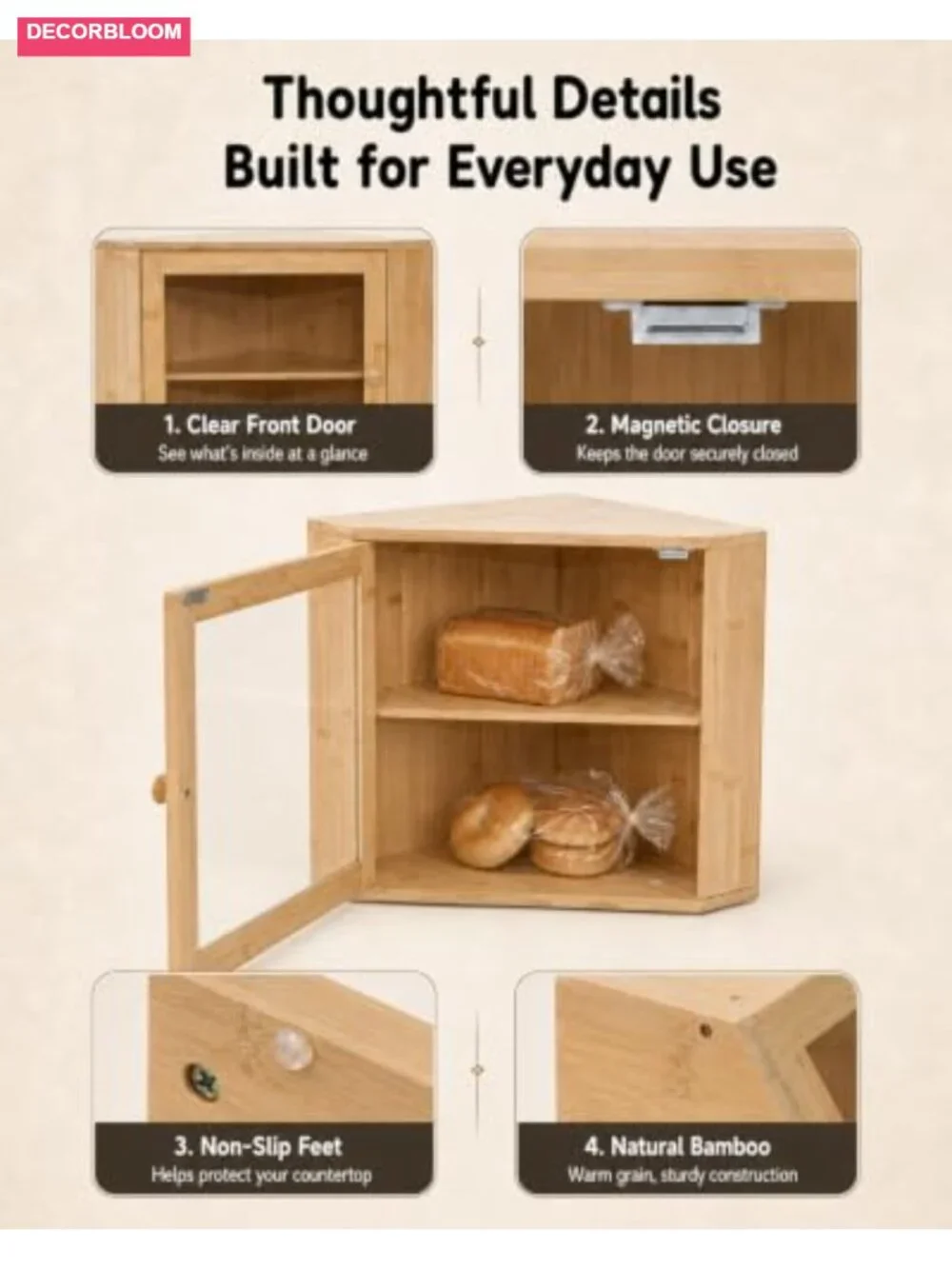2 Tier Bamboo Bread Box Corner Kitchen Countertop Organizer Storage Container